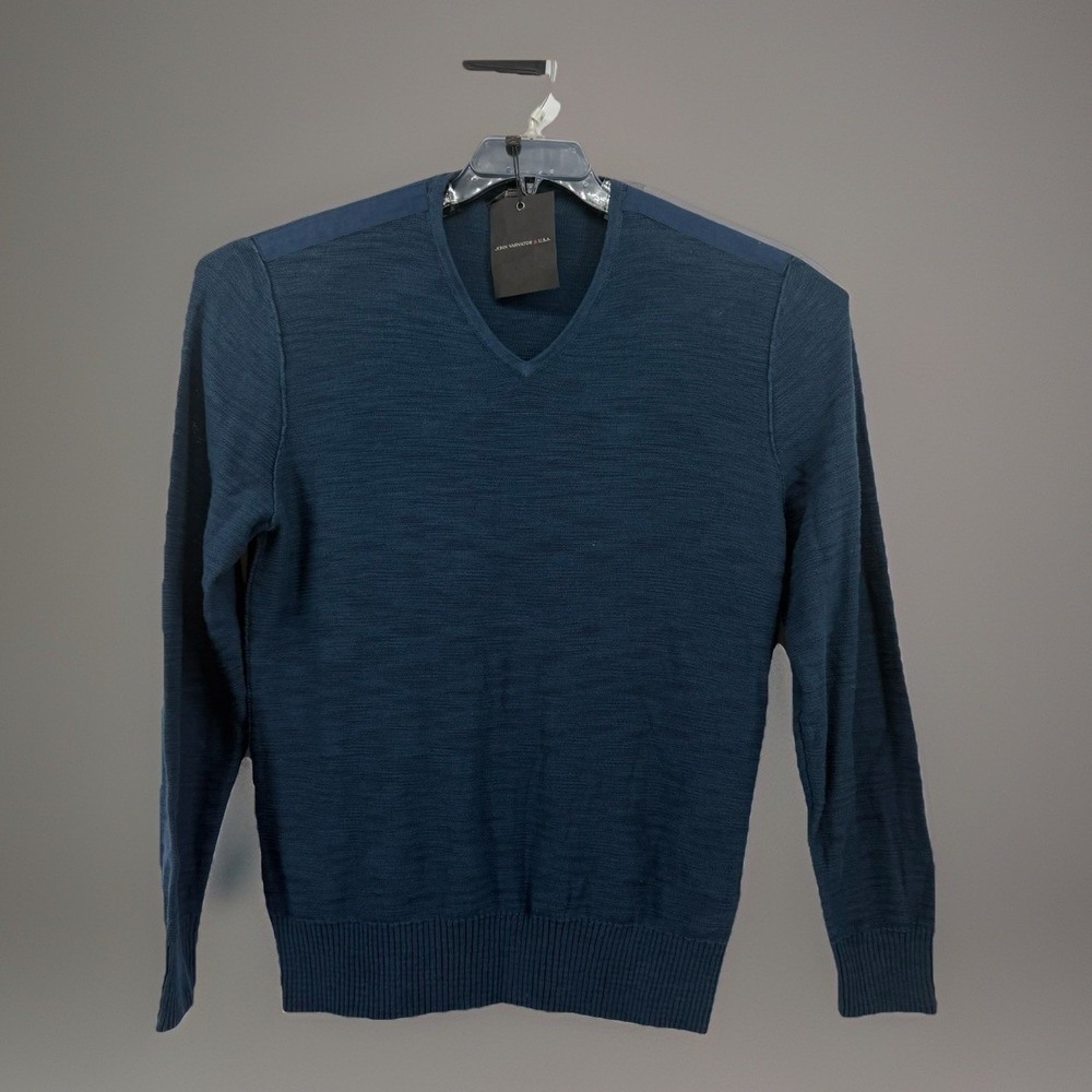 John Varvatos V Neck Sweater XL Peacock Blue Cotton Linen Elbow Patch NWT Mens